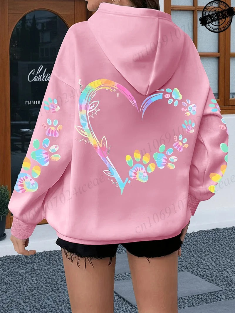 Women’s Heart & Paw Print Fleece Hoodie Casual Warm Hooded Sweatshirt with Long Sleeves for Autumn & Winter