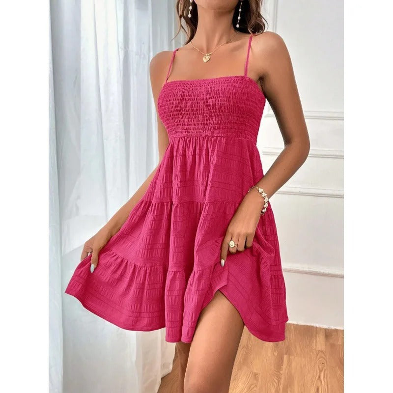 Blue Spaghetti Strap Mini Dress for Women Smocked Bustier Ruffled Tiered Swing Dress for Summer, Beach & Vacation