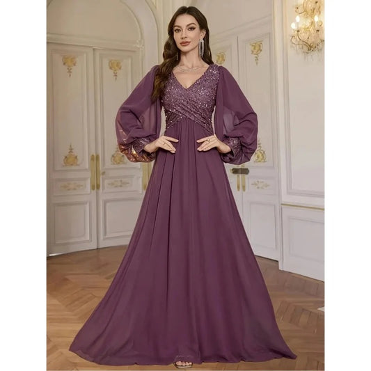 Elegant V-Neck Sequined Chiffon Evening Dress for Women – Glittering Formal Gown for Weddings, Parties & Special Occasions