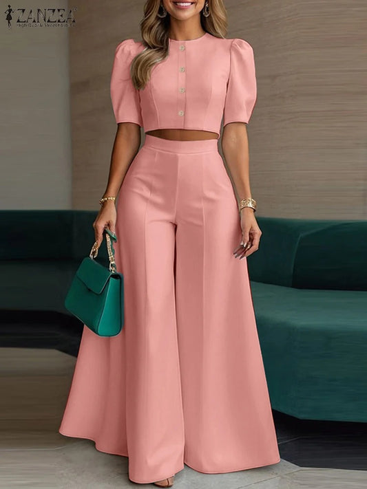 Elegant 2-Piece Women’s Trousers Suit Set Short Sleeve Blouse & Wide Leg Pants Matching Set for Work, Office & Summer