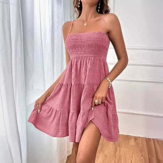 Blue Spaghetti Strap Mini Dress for Women Smocked Bustier Ruffled Tiered Swing Dress for Summer, Beach & Vacation