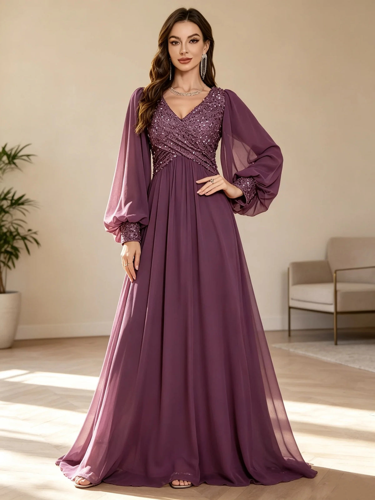 Elegant V-Neck Sequined Chiffon Evening Dress for Women – Glittering Formal Gown for Weddings, Parties & Special Occasions