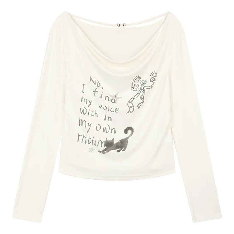Women’s Cat & Letter Graphic Long Sleeve Top Loose Fit Cowl Neck Casual T Shirt for Everyday Wear