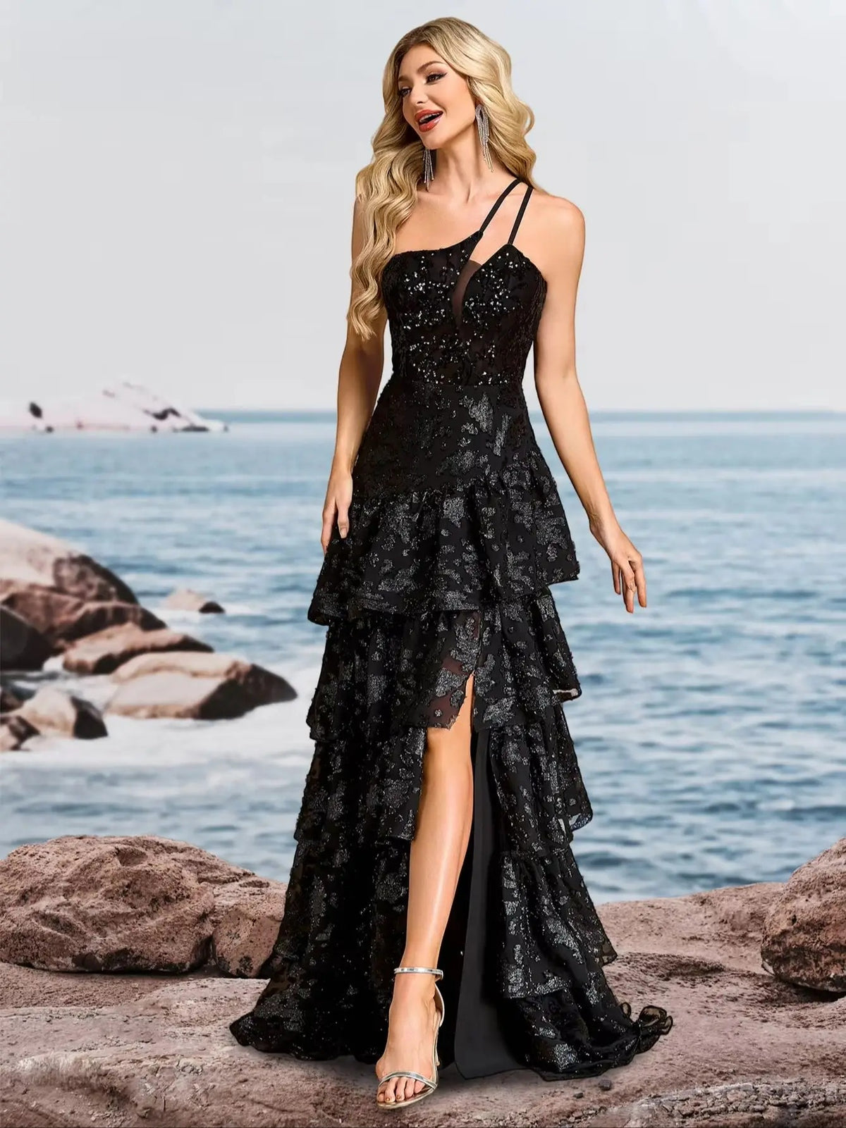 Luxury One-Shoulder Tulle Evening Gown for Women – Fishbone Bodice Layered Cake Dress with Long Slit for Weddings & Parties