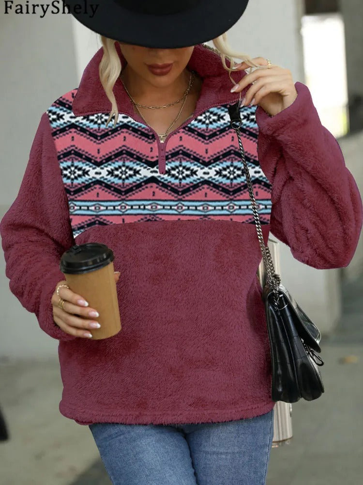Women’s Plush Winter Hoodie Printed Loose Fit Sweatshirt with Stand Collar & Long Sleeves for Autumn and Winter