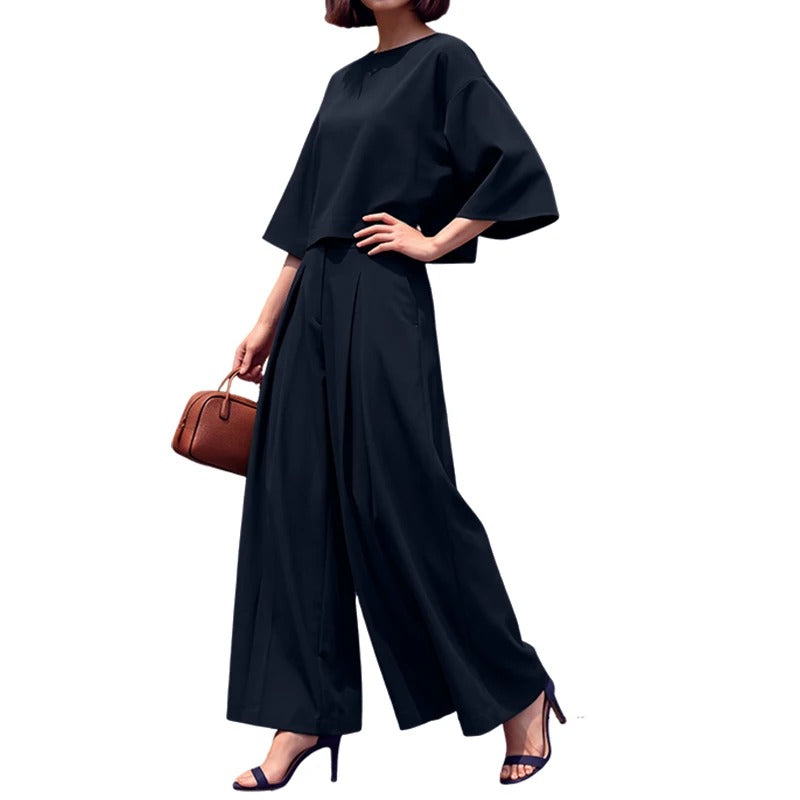 Elegant 2-Piece Women’s Matching Set Boat Neck 3/4 Sleeve Crop Top & Wide Leg Pants Co-Ord Set for Office & Everyday Wear