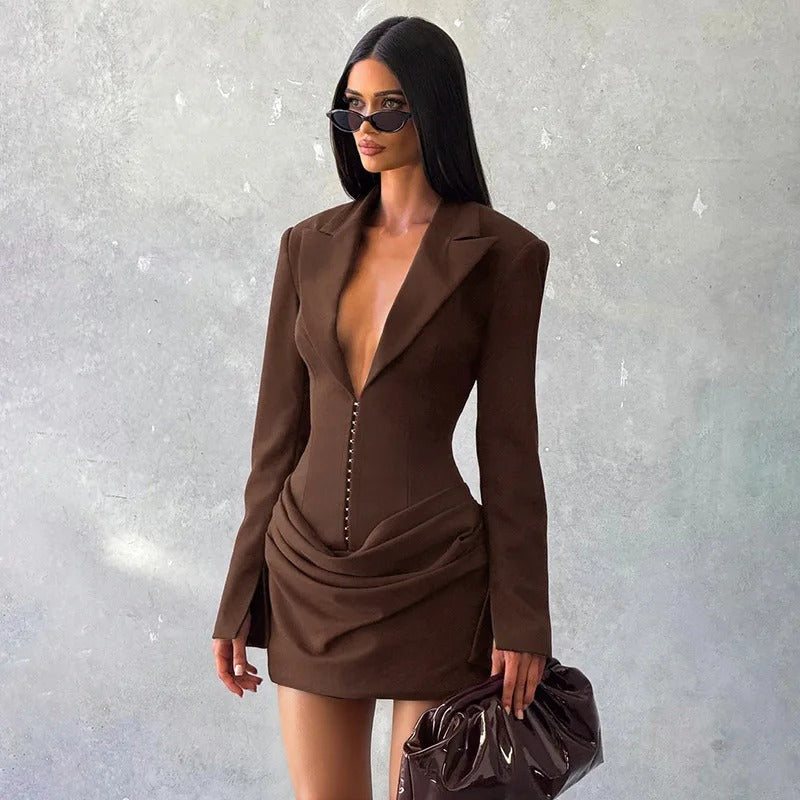 Elegant Pleated Bodycon Mini Dress for Women – Long Sleeve Blazer Style Party Dress for Autumn & Winter