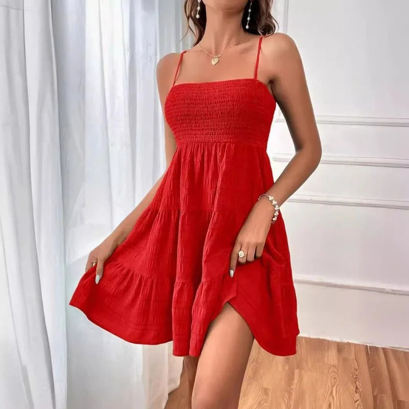 Blue Spaghetti Strap Mini Dress for Women Smocked Bustier Ruffled Tiered Swing Dress for Summer, Beach & Vacation