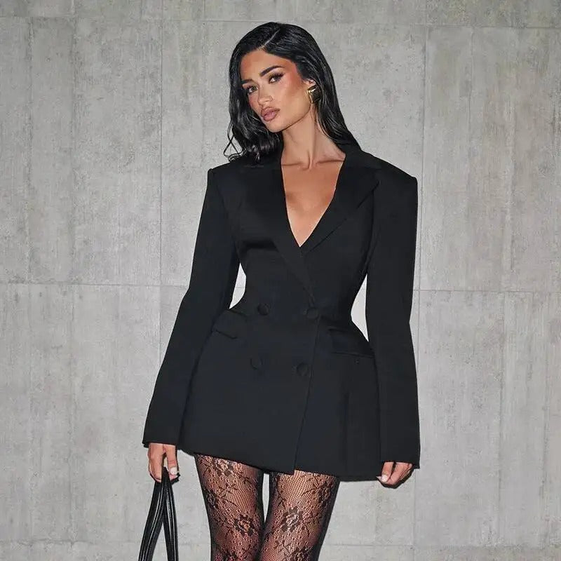 Elegant Pleated Bodycon Mini Dress for Women – Long Sleeve Blazer Style Party Dress for Autumn & Winter