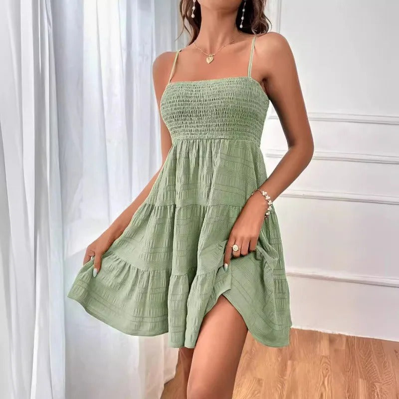 Blue Spaghetti Strap Mini Dress for Women Smocked Bustier Ruffled Tiered Swing Dress for Summer, Beach & Vacation