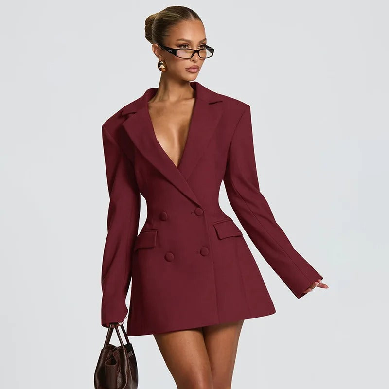 Elegant Pleated Bodycon Mini Dress for Women – Long Sleeve Blazer Style Party Dress for Autumn & Winter