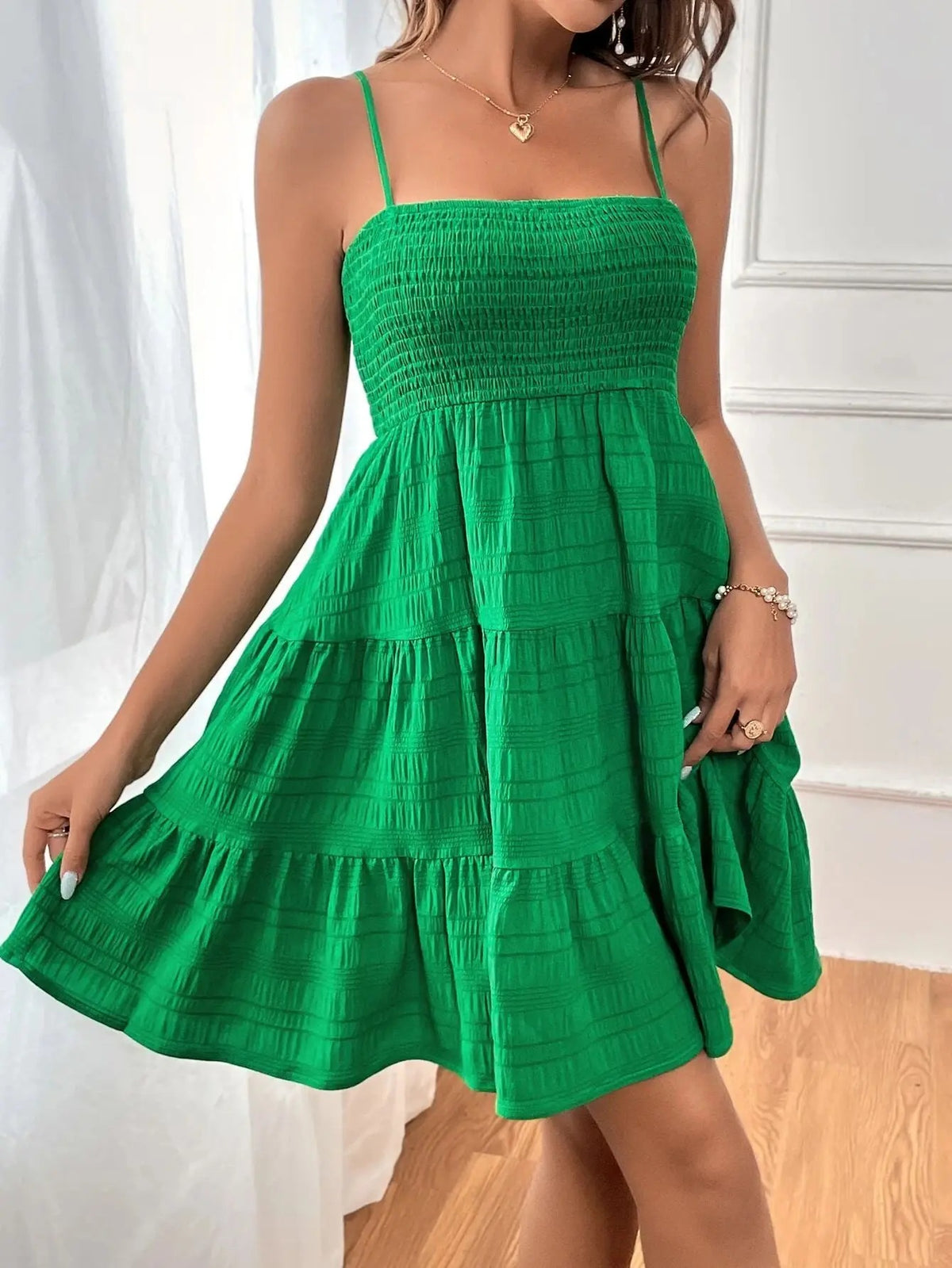 Blue Spaghetti Strap Mini Dress for Women Smocked Bustier Ruffled Tiered Swing Dress for Summer, Beach & Vacation