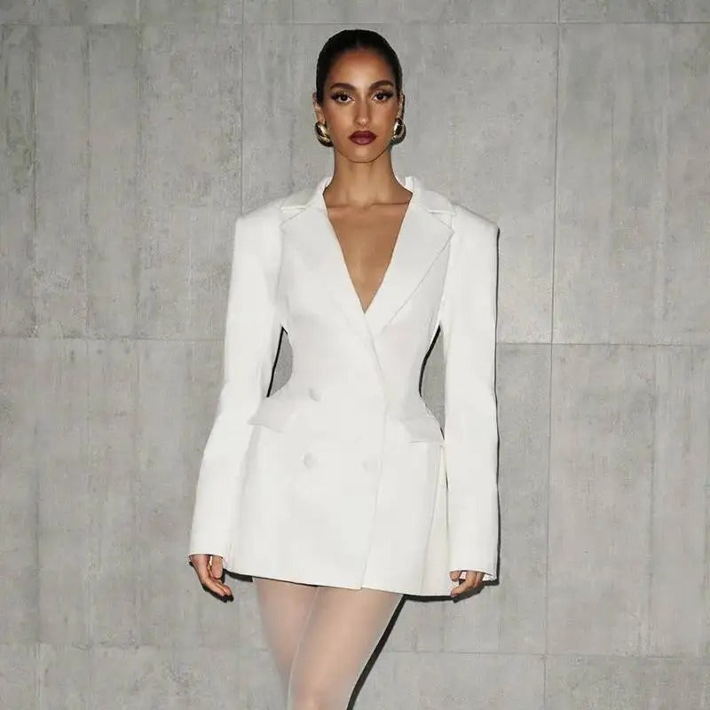 Elegant Pleated Bodycon Mini Dress for Women – Long Sleeve Blazer Style Party Dress for Autumn & Winter