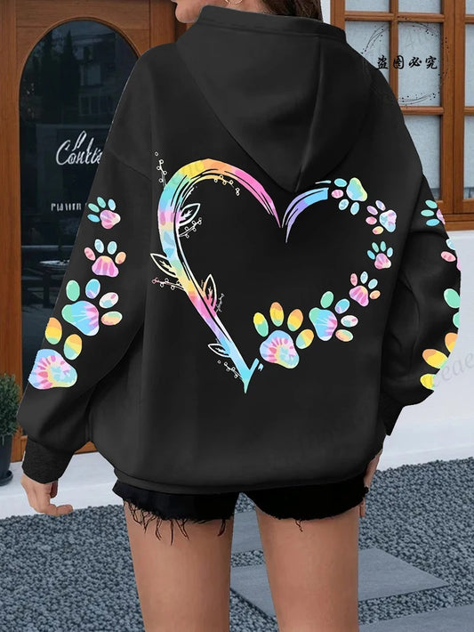 Women’s Heart & Paw Print Fleece Hoodie Casual Warm Hooded Sweatshirt with Long Sleeves for Autumn & Winter