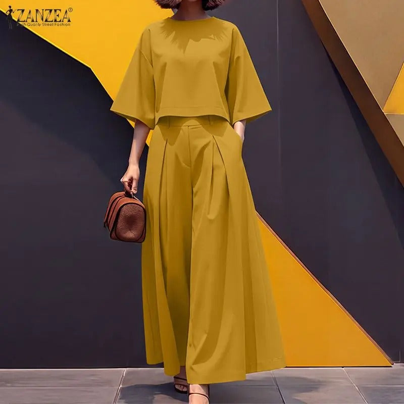 Elegant 2-Piece Women’s Matching Set Boat Neck 3/4 Sleeve Crop Top & Wide Leg Pants Co-Ord Set for Office & Everyday Wear