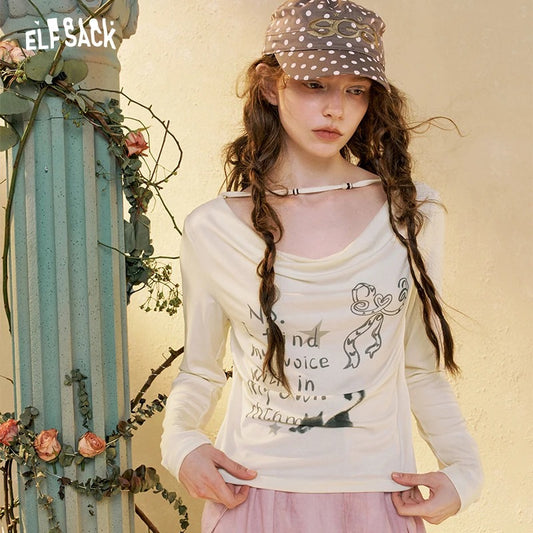 Women’s Cat & Letter Graphic Long Sleeve Top Loose Fit Cowl Neck Casual T Shirt for Everyday Wear