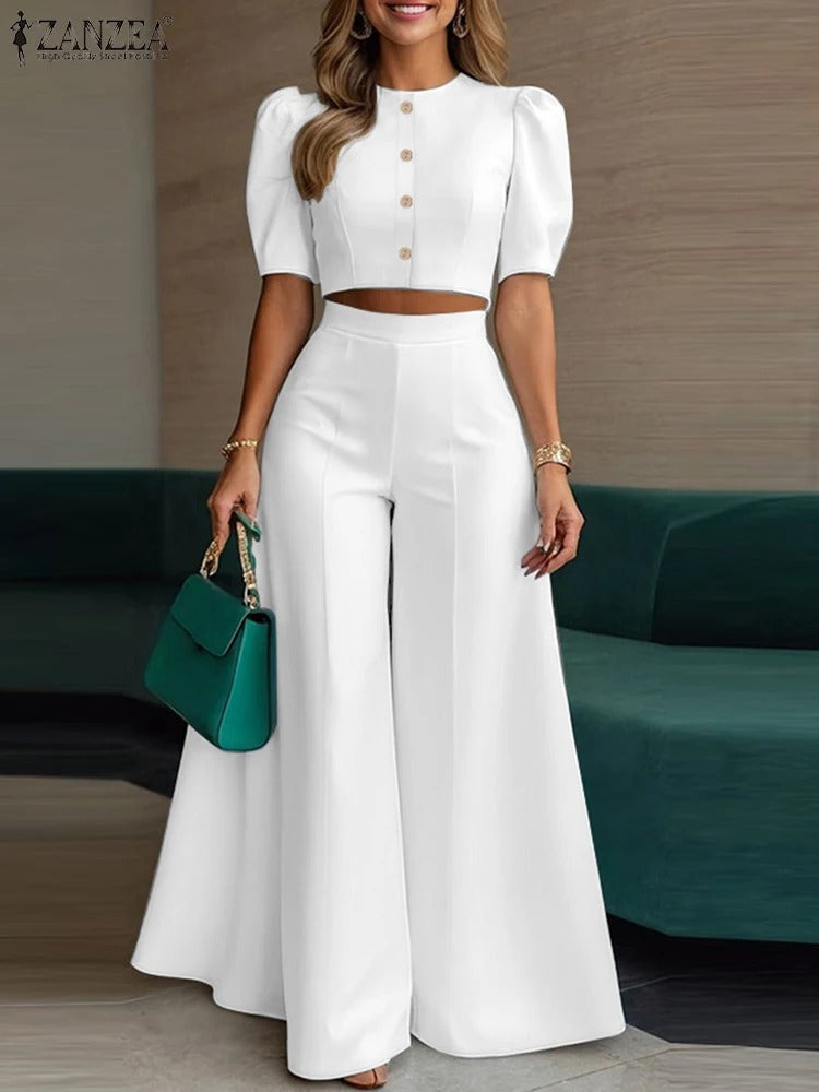 Elegant 2-Piece Women’s Trousers Suit Set Short Sleeve Blouse & Wide Leg Pants Matching Set for Work, Office & Summer