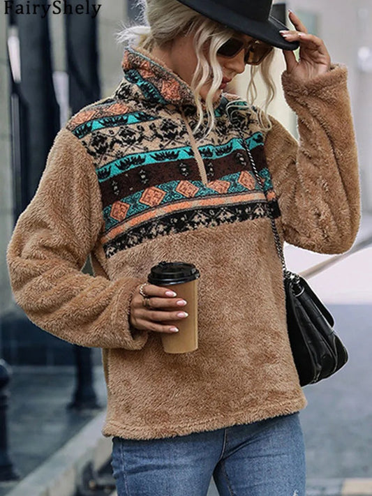 Women’s Plush Winter Hoodie Printed Loose Fit Sweatshirt with Stand Collar & Long Sleeves for Autumn and Winter