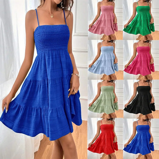 Blue Spaghetti Strap Mini Dress for Women Smocked Bustier Ruffled Tiered Swing Dress for Summer, Beach & Vacation