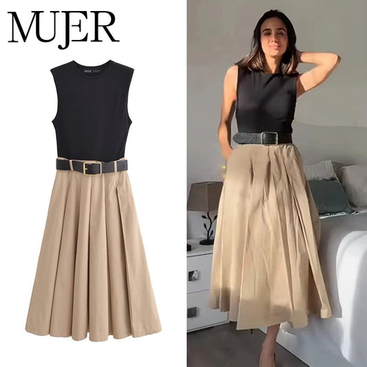 Elegant Pleated Midi Dress for Women Sleeveless Belted Knitted Summer Dress for Parties, Holidays & Everyday Wear