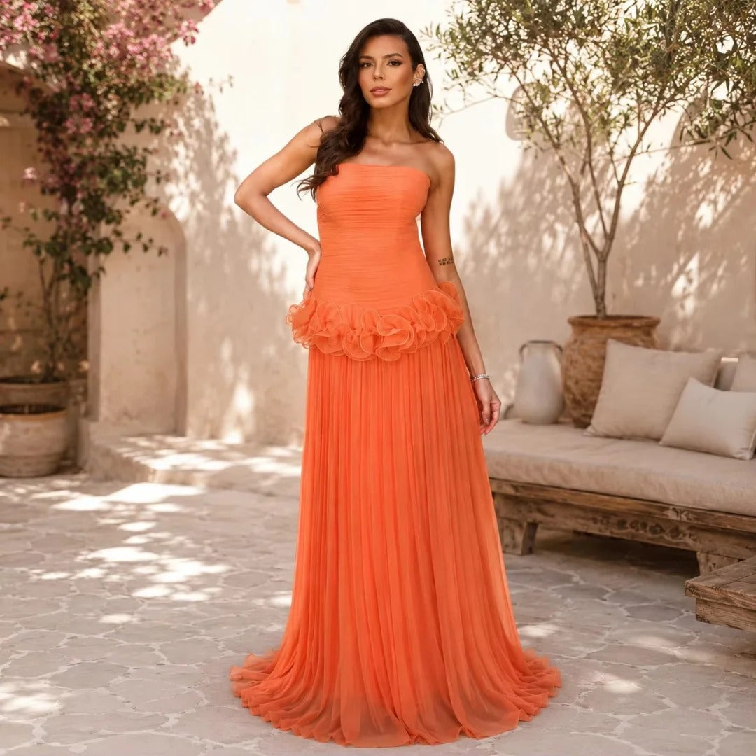 Luxury Orange Chiffon Pleated Prom Dress for Women – Elegant Formal Evening Gown for Engagements, Parties & Special Occasions