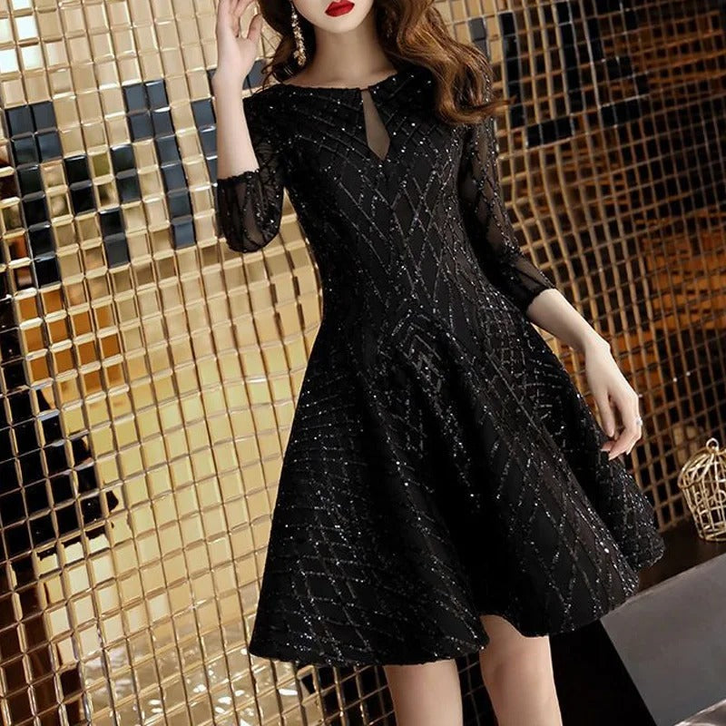 Elegant Solid Color Silk Dress for Women Round Neck Three-Quarter Sleeve Hollow-Out Dress for Spring & Summer