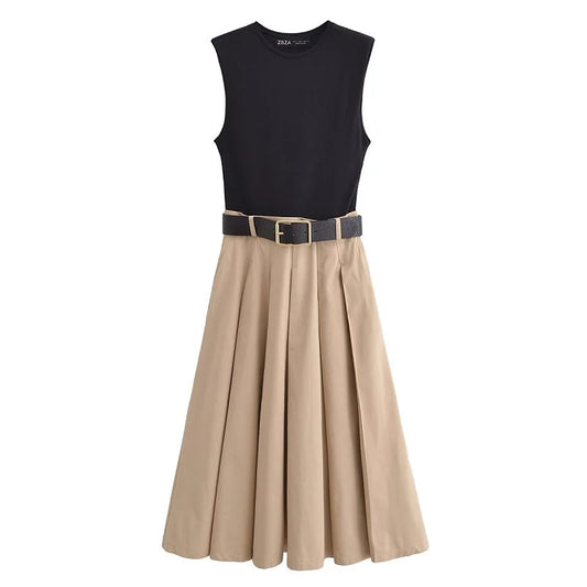 Elegant Pleated Midi Dress for Women Sleeveless Belted Knitted Summer Dress for Parties, Holidays & Everyday Wear