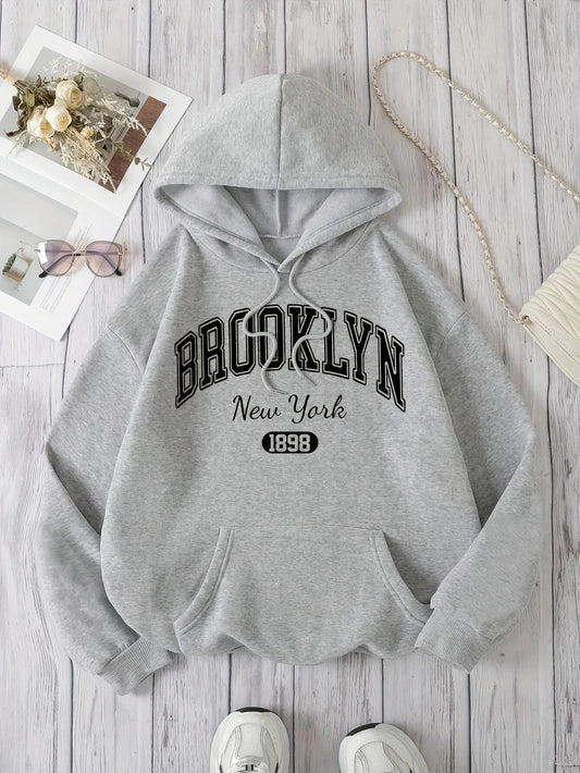 Brooklyn New York 1898 Women’s Hoodie Casual Hooded Pullover Sweatshirt with Drawstring & Graphic Letter Print