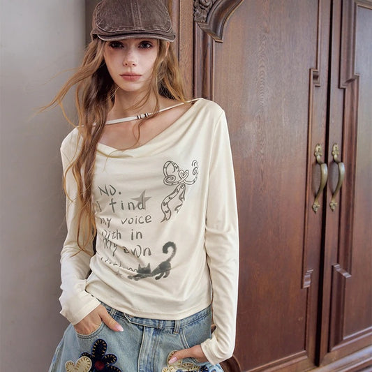 Women’s Cat & Letter Graphic Long Sleeve Top Loose Fit Cowl Neck Casual T Shirt for Everyday Wear