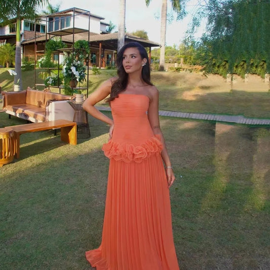 Luxury Orange Chiffon Pleated Prom Dress for Women – Elegant Formal Evening Gown for Engagements, Parties & Special Occasions