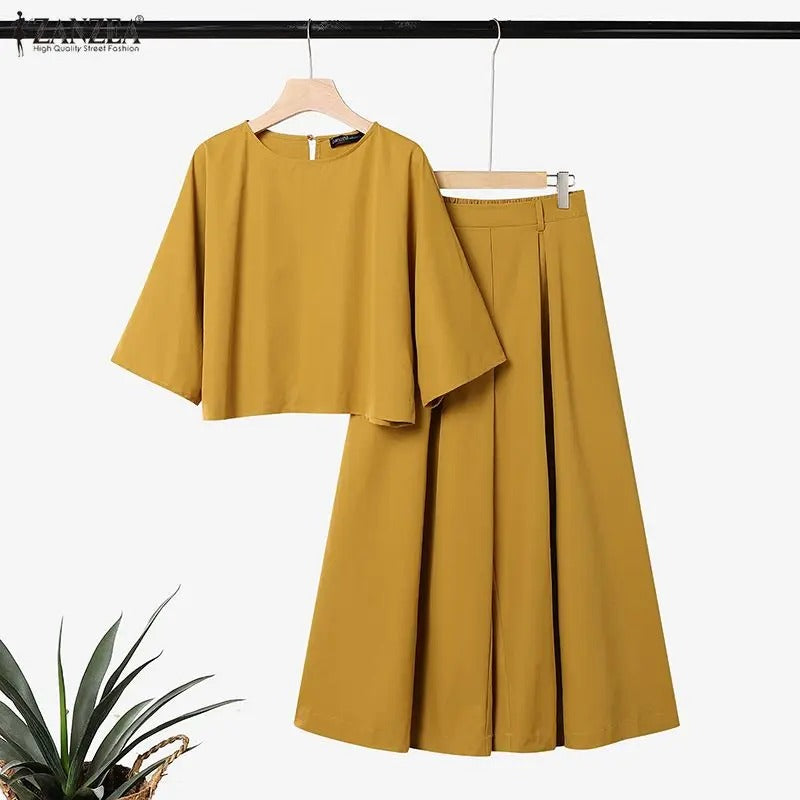 Elegant 2-Piece Women’s Matching Set Boat Neck 3/4 Sleeve Crop Top & Wide Leg Pants Co-Ord Set for Office & Everyday Wear