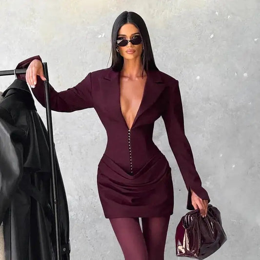 Elegant Pleated Bodycon Mini Dress for Women – Long Sleeve Blazer Style Party Dress for Autumn & Winter