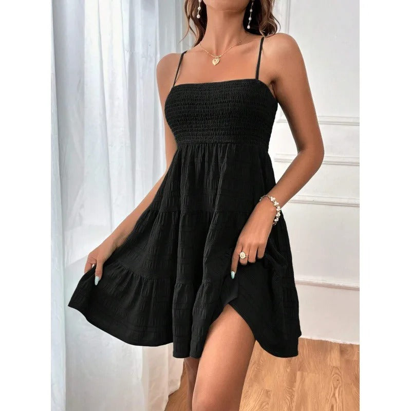 Blue Spaghetti Strap Mini Dress for Women Smocked Bustier Ruffled Tiered Swing Dress for Summer, Beach & Vacation