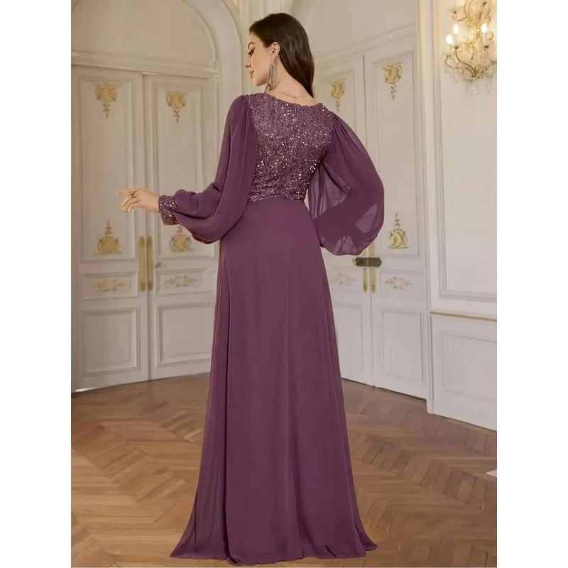Elegant V-Neck Sequined Chiffon Evening Dress for Women – Glittering Formal Gown for Weddings, Parties & Special Occasions