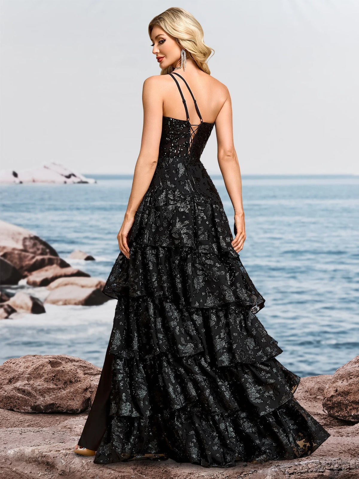 Luxury One-Shoulder Tulle Evening Gown for Women – Fishbone Bodice Layered Cake Dress with Long Slit for Weddings & Parties