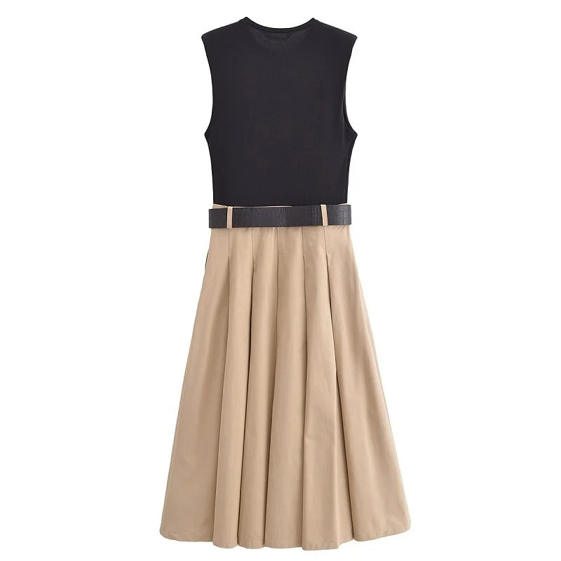 Elegant Pleated Midi Dress for Women Sleeveless Belted Knitted Summer Dress for Parties, Holidays & Everyday Wear
