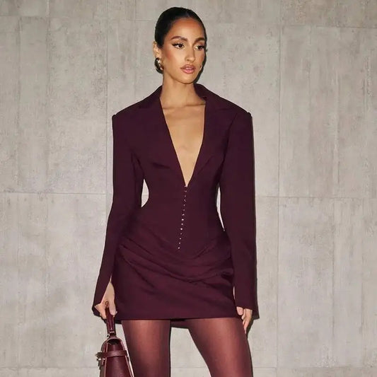 Elegant Pleated Bodycon Mini Dress for Women – Long Sleeve Blazer Style Party Dress for Autumn & Winter