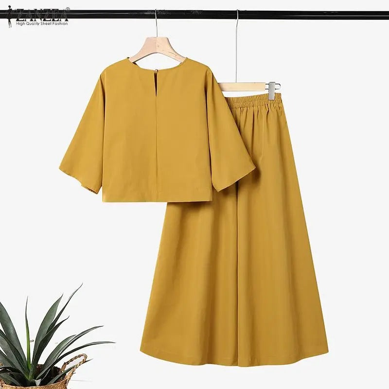 Elegant 2-Piece Women’s Matching Set Boat Neck 3/4 Sleeve Crop Top & Wide Leg Pants Co-Ord Set for Office & Everyday Wear
