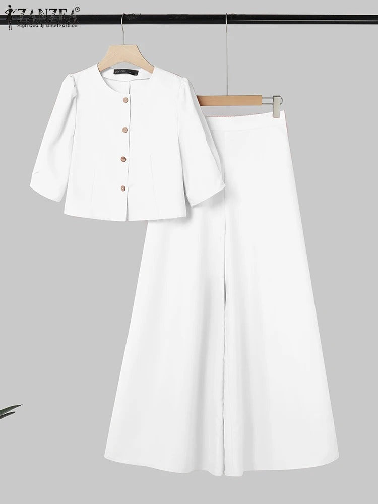 Elegant 2-Piece Women’s Trousers Suit Set Short Sleeve Blouse & Wide Leg Pants Matching Set for Work, Office & Summer