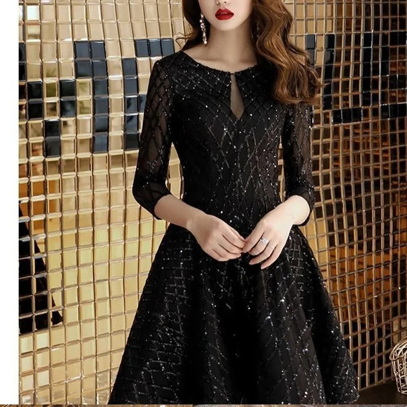 Elegant Solid Color Silk Dress for Women Round Neck Three-Quarter Sleeve Hollow-Out Dress for Spring & Summer