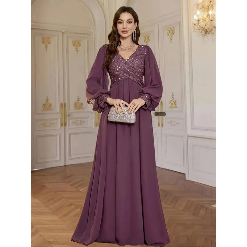 Elegant V-Neck Sequined Chiffon Evening Dress for Women – Glittering Formal Gown for Weddings, Parties & Special Occasions