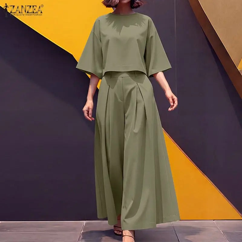 Elegant 2-Piece Women’s Matching Set Boat Neck 3/4 Sleeve Crop Top & Wide Leg Pants Co-Ord Set for Office & Everyday Wear