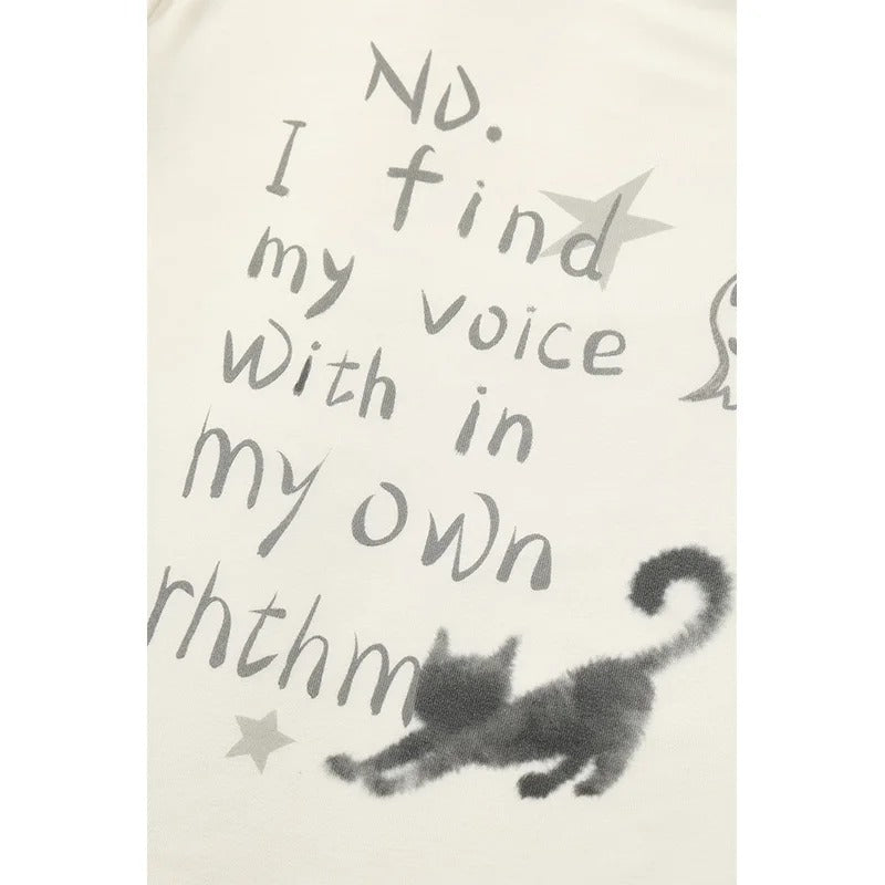 Women’s Cat & Letter Graphic Long Sleeve Top Loose Fit Cowl Neck Casual T Shirt for Everyday Wear