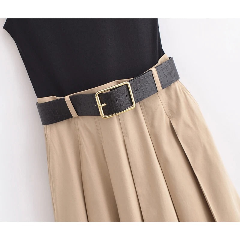 Elegant Pleated Midi Dress for Women Sleeveless Belted Knitted Summer Dress for Parties, Holidays & Everyday Wear