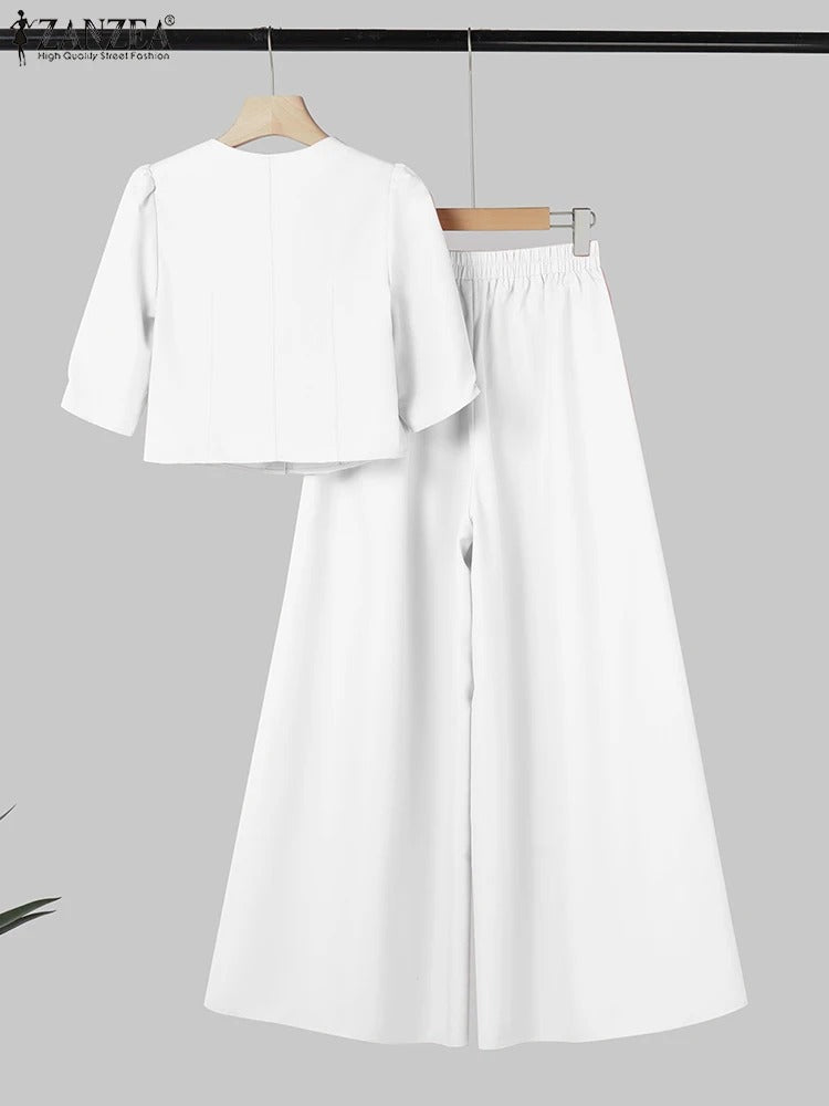 Elegant 2-Piece Women’s Trousers Suit Set Short Sleeve Blouse & Wide Leg Pants Matching Set for Work, Office & Summer