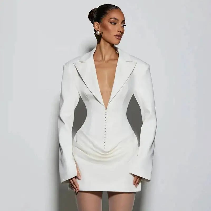 Elegant Pleated Bodycon Mini Dress for Women – Long Sleeve Blazer Style Party Dress for Autumn & Winter