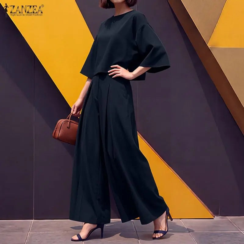 Elegant 2-Piece Women’s Matching Set Boat Neck 3/4 Sleeve Crop Top & Wide Leg Pants Co-Ord Set for Office & Everyday Wear