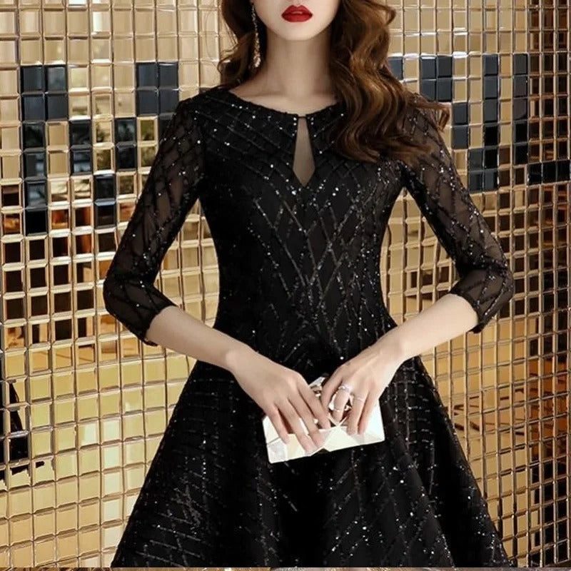 Elegant Solid Color Silk Dress for Women Round Neck Three-Quarter Sleeve Hollow-Out Dress for Spring & Summer