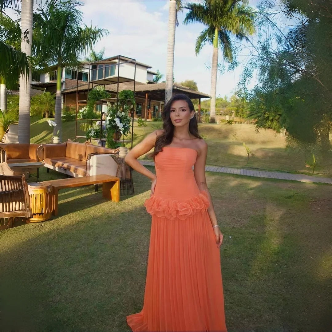 Luxury Orange Chiffon Pleated Prom Dress for Women – Elegant Formal Evening Gown for Engagements, Parties & Special Occasions
