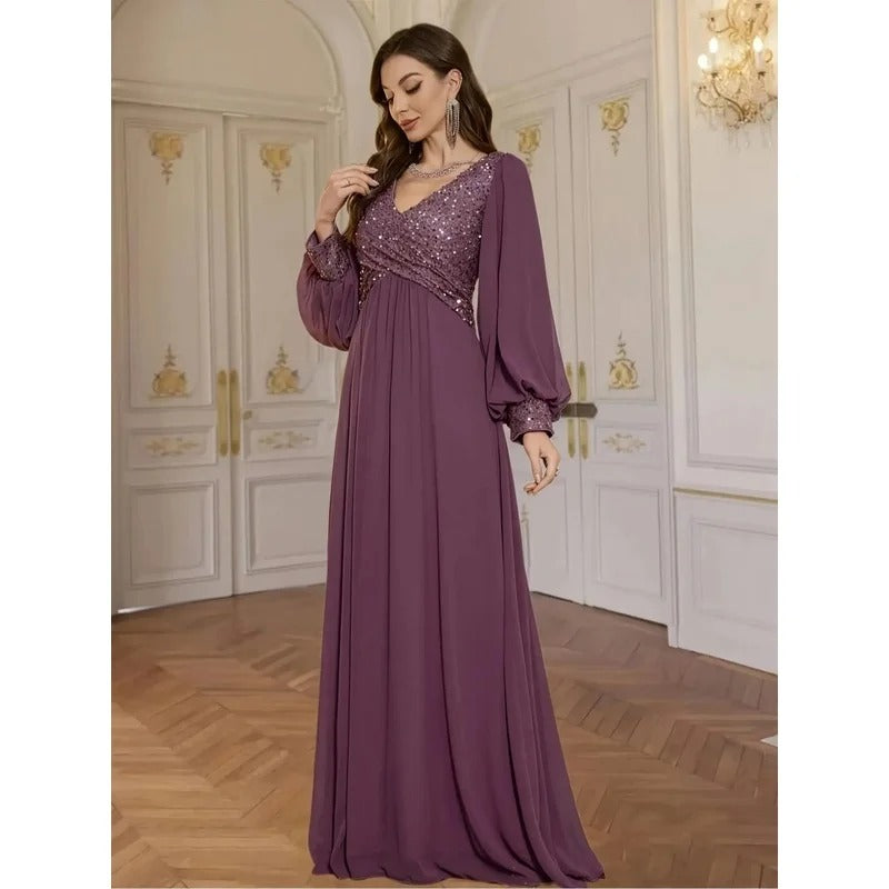 Elegant V-Neck Sequined Chiffon Evening Dress for Women – Glittering Formal Gown for Weddings, Parties & Special Occasions